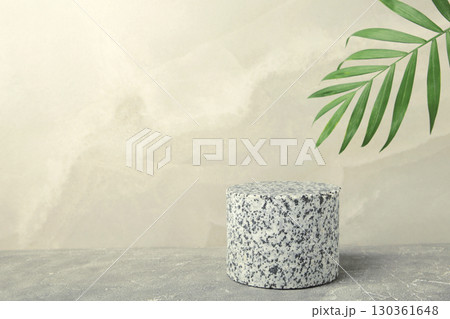 Minimalistic grey concrete background with green leaves Minimalistic grey concrete background with green leaves 130361648
