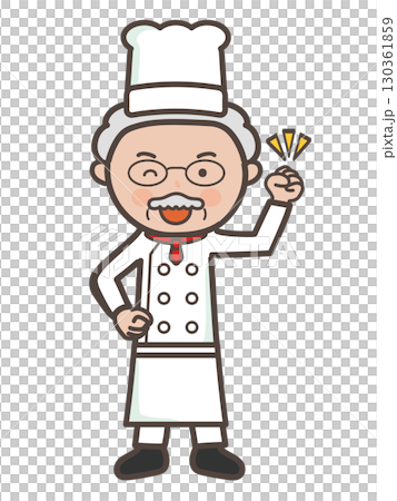 一位充滿幹勁、揮拳打氣的資深男廚師的全身插圖 130361859