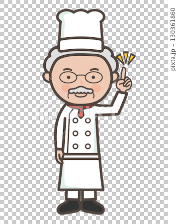 ポイントを説明するベテラン男性シェフの全身イラスト 130361860