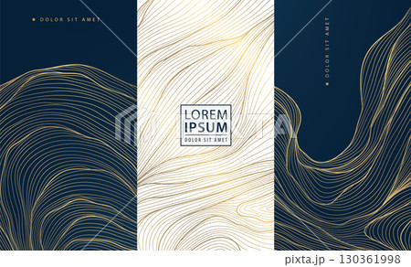 Vector set of golden wave wine package. Luxury jewelry, cosmetic, beauty product label design. Fancy sea, ocean japanese cards, vintage banners. 130361998