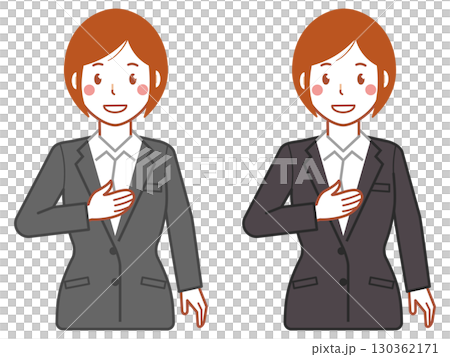 A young woman in a gray suit with short hair holding her hand on her chest 130362171