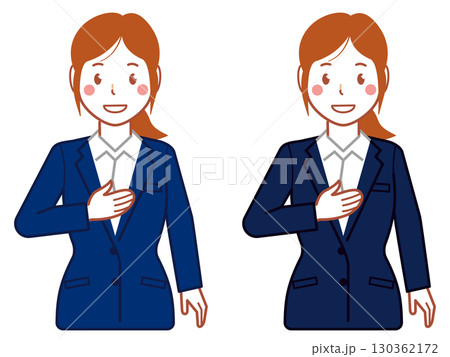 ネイビースーツ、ポニーテールの胸に手を当てる若い女性 ネイビースーツ、ポニーテールの胸に手を当てる若い女性 130362172