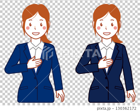 ネイビースーツ、ポニーテールの胸に手を当てる若い女性 130362172