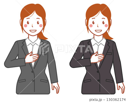 グレースーツ、ポニーテールの胸に手を当てる若い女性 グレースーツ、ポニーテールの胸に手を当てる若い女性 130362174