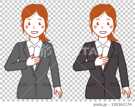 グレースーツ、ポニーテールの胸に手を当てる若い女性 グレースーツ、ポニーテールの胸に手を当てる若い女性 130362174