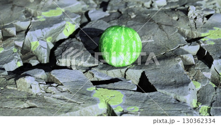 Bright and vibrant watermelon rests on a rugged surface of cracked stones. The unique colors of the fruit create a striking contrast against the earthy tones, emphasizing natures beauty. 130362334