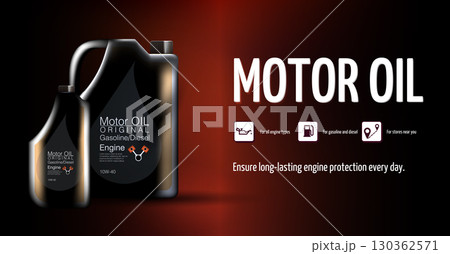 Two containers of motor oil are displayed against a dark background, highlighting their effectiveness for gasoline and diesel engines. Ideal for ensuring engine longevity and performance. Two containers of motor oil are displayed against a dark background, highlighting their effectiveness for gasoline and diesel engines. Ideal for ensuring engine longevity and performance. 130362571
