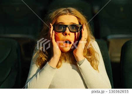 Surprised woman reacts while watching a film in a theater during the evening Surprised woman reacts while watching a film in a theater during the evening 130362655