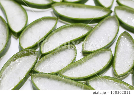 Sliced aloe vera pieces with translucent gel Sliced aloe vera pieces with translucent gel 130362811