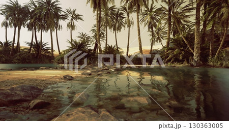 A serene oasis is captured at dusk, surrounded by lush palm trees. The still water mirrors the vibrant greenery, creating a peaceful retreat in natures embrace. A serene oasis is captured at dusk, surrounded by lush palm trees. The still water mirrors the vibrant greenery, creating a peaceful retreat in natures embrace. 130363005