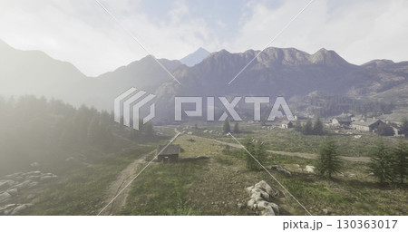 Soft morning light bathes the serene valley as towering mountains create a breathtaking backdrop. A cozy cabin rests peacefully amid lush greenery and rugged stones. Soft morning light bathes the serene valley as towering mountains create a breathtaking backdrop. A cozy cabin rests peacefully amid lush greenery and rugged stones. 130363017