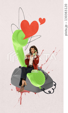 Colorful poster. Woman sitting on green telephone with hearts floating around in romantic joy 130363120