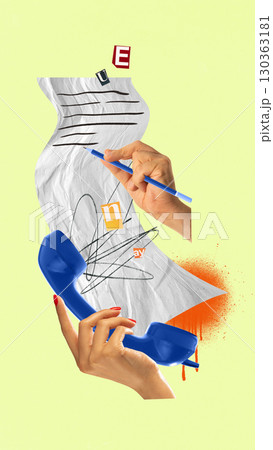 Blue phone with hand writing on wrinkled paper in surreal collage. 130363181