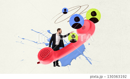 Bold artwork. Businessman pointing at oversized red phone with abstract user icons. 130363192