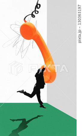 Businessman hanging from oversized orange phone in surreal collage Businessman hanging from oversized orange phone in surreal collage 130363197