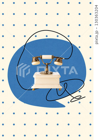 Retro collage of vintage rotary telephone in cream and gold placed on dotted abstract background Retro collage of vintage rotary telephone in cream and gold placed on dotted abstract background 130363204