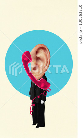 Creative collage of oversized human ear with red telephone handset replacing head on beige background Creative collage of oversized human ear with red telephone handset replacing head on beige background 130363210