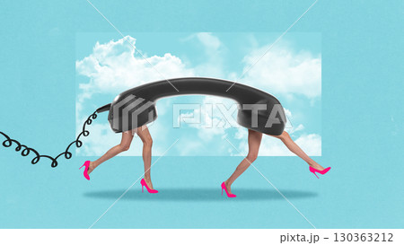 Surreal collage of black telephone receiver with human legs in pink high heels walking across sky backdrop 130363212