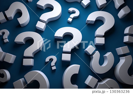 Puzzling 3d questions and question marks on a dark blue background, curiosity and mystery concept 130363236