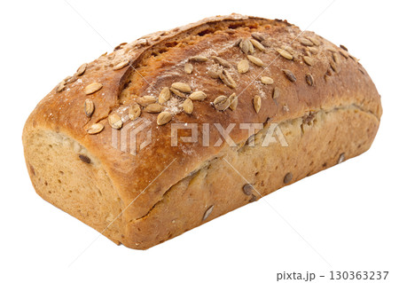 Freshly baked loaf of sunflower seed bread, rustic crust with whole grains, isolated on transparent background 130363237