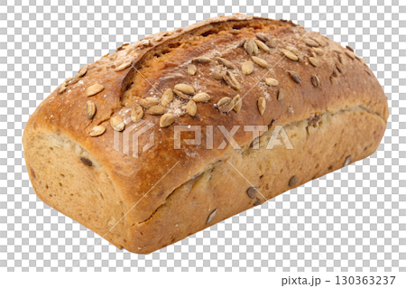 Freshly baked loaf of sunflower seed bread, rustic crust with whole grains, isolated on transparent background 130363237