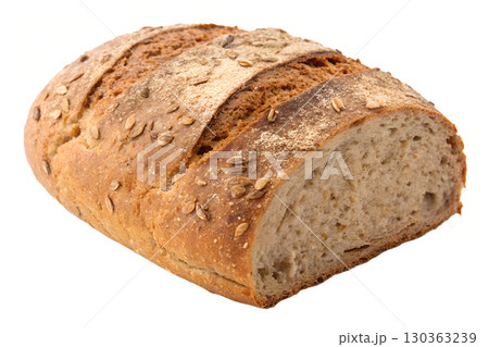 Freshly baked loaf of sunflower seed bread, rustic crust with whole grains, isolated on transparent background 130363239
