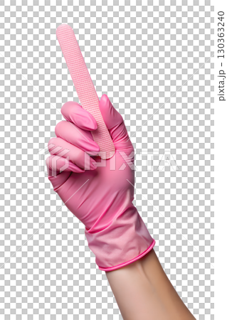 Pink gloved hand holding nail file, close-up view of professional manicure tool isolated on transparent background 130363240