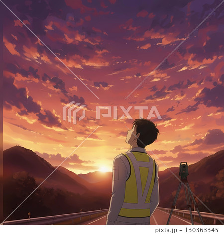 未来を見据える測量士と夕焼け 130363345