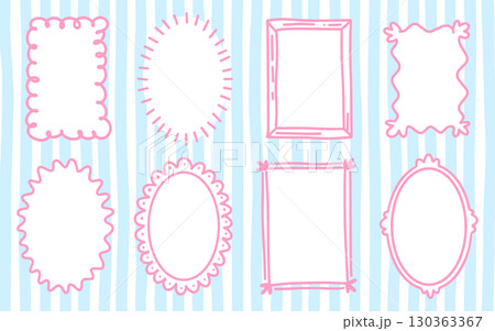 Coquette girly frames set. Hand-Drawn pink Borders for Wedding Invitation, Whimsical frames for birthday card, Squiggly and Wavy Borders. Minimalist line art on blue stripy background. 130363367