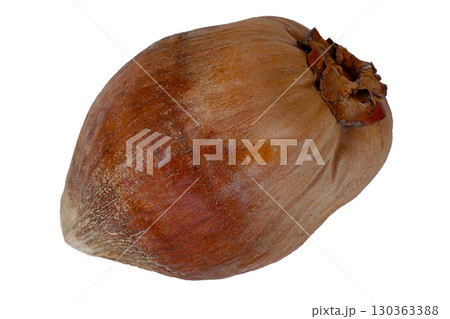 A dried coconut with a rough brown husk. 130363388