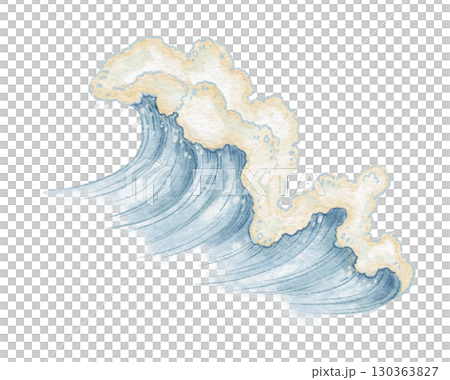 Blue sea wave with foam hand drawn in watercolor and colored pencil. Side view design with ocean tide and splash. Great for summer print and seasonal card. Perfect for coastal art and travel theme. 130363827
