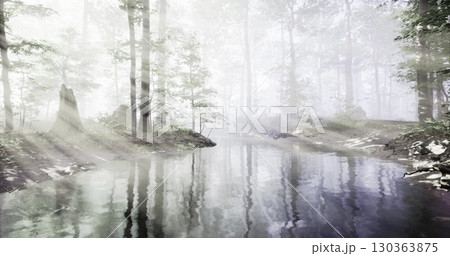 Soft rays of sunlight break through a foggy forest, illuminating a calm river. Reflections shimmer on the waters surface, surrounded by lush green trees, creating a serene atmosphere. Soft rays of sunlight break through a foggy forest, illuminating a calm river. Reflections shimmer on the waters surface, surrounded by lush green trees, creating a serene atmosphere. 130363875