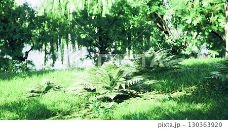 Soft sunlight filters through thick foliage, highlighting a lush expanse of green grass and delicate ferns in an idyllic landscape that feels alive and rejuvenating during the afternoon. 130363920