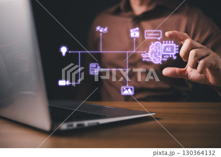 businessman use icon ai, Marketers education, research, analyze media video streaming content creation and online marketing strategies to grow their digital business. 130364132