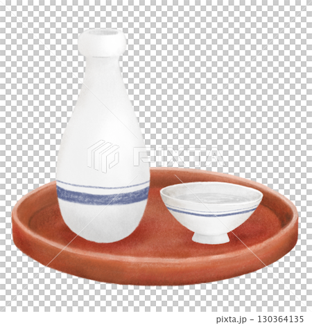 おぼんに酒瓶とおちょこがのった月見酒のイラスト 130364135