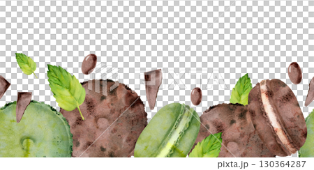 Chocolate coated dragee, bar bits with whoopie pies, macarons and mint leaves in seamless watercolor header. Isolated clipart for digital pattern, recipe card border, menu visuals, craft paper banner. 130364287