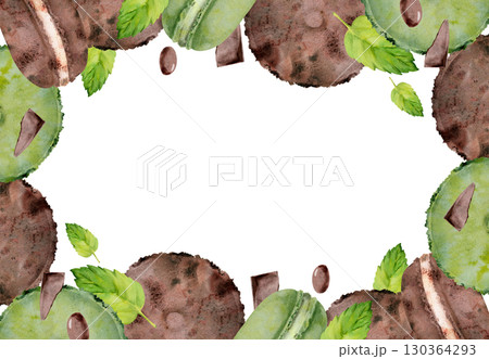 Row of macaron cookies, moon pies with mint leaves, chocolate chips, dragee bonbons. Watercolor hand painted isolated illustration. Dessert label frames, event menu borders, buffet invitation corners 130364293