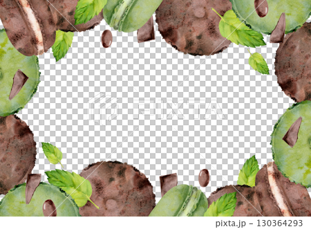 Row of macaron cookies, moon pies with mint leaves, chocolate chips, dragee bonbons. Watercolor hand painted isolated illustration. Dessert label frames, event menu borders, buffet invitation corners 130364293