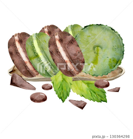Crumbly macarons with mint herb leaves, chocolate chips and cocoa dragee on ceramic tray. Watercolor dessert isolated illustration. Cookbook illustration, craft paper design, holiday sweets campaigns. Crumbly macarons with mint herb leaves, chocolate chips and cocoa dragee on ceramic tray. Watercolor dessert isolated illustration. Cookbook illustration, craft paper design, holiday sweets campaigns. 130364298