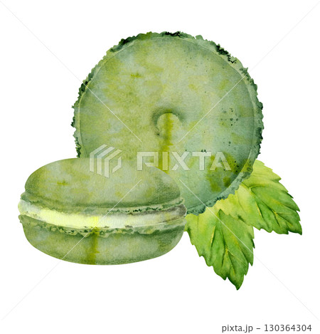 Mint leaves with French macarons, herb garnish for cream filled whoopie pies. Isolated illustration hand drawn in watercolor. Bakery logos, pastry gourmet recipe book art, spring-themed marketing. Mint leaves with French macarons, herb garnish for cream filled whoopie pies. Isolated illustration hand drawn in watercolor. Bakery logos, pastry gourmet recipe book art, spring-themed marketing. 130364304