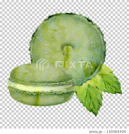 Mint leaves with French macarons, herb garnish for cream filled whoopie pies. Isolated illustration hand drawn in watercolor. Bakery logos, pastry gourmet recipe book art, spring-themed marketing. 130364304
