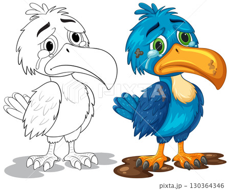 Sad Hornbill Cartoon with Color and Outline Versions 130364346
