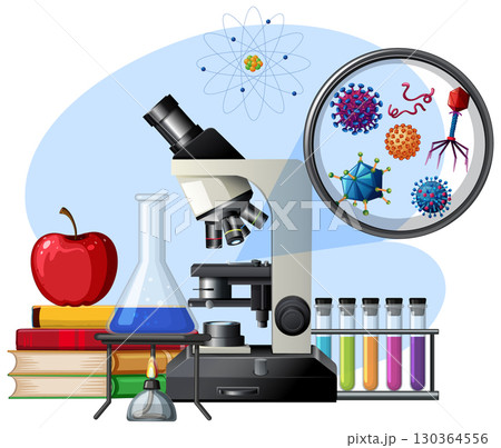 Microscope and Laboratory Equipment with Virus Illustration 130364556