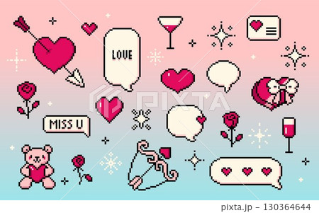 Cute 8 bit set with pixel valentine retro icons Cute 8 bit set with pixel valentine retro icons 130364644