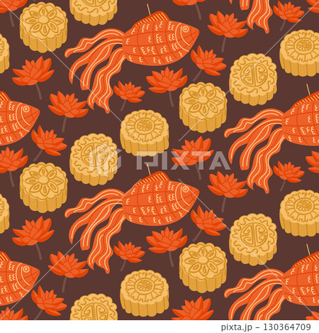 Seamless pattern with mooncakes, koi fish lanterns and lotus flowers on dark background Seamless pattern with mooncakes, koi fish lanterns and lotus flowers on dark background 130364709