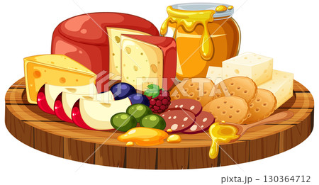Assorted Cheese Platter with Crackers, Fruit, and Honey 130364712