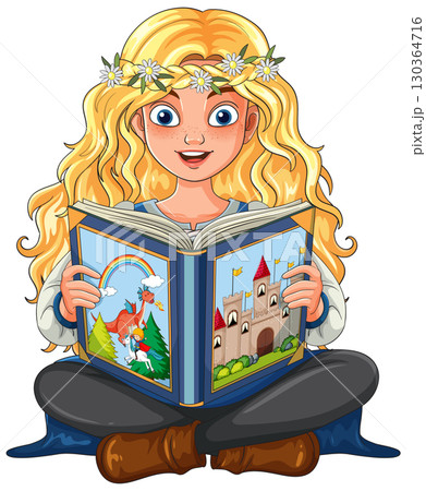Blonde Girl Reading Fairy Tale Storybook Illustration Blonde Girl Reading Fairy Tale Storybook Illustration 130364716