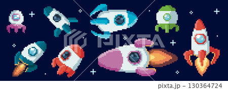 Retro pixel rocket designs for space travel 130364724
