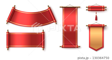 Chinese scroll paper set with red silk banners Chinese scroll paper set with red silk banners 130364750
