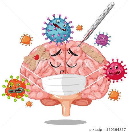 Sick Brain With Mask Surrounded by Virus Cartoon Illustration Sick Brain With Mask Surrounded by Virus Cartoon Illustration 130364827